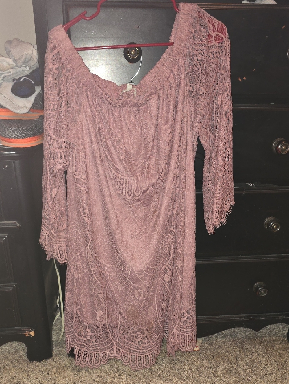 love, Fire Dusty Rose Lace Off-Shoulder Long Sleeve Dress